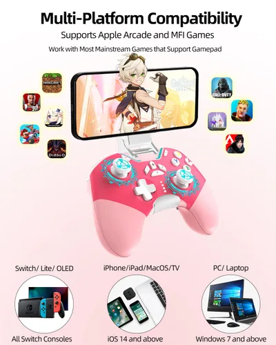 Vista 2 de New Version iPhone Controller with Phone Clip, Pink Wireless Bluetooth Game Controller for iPhoneApple Arcade MFi GamesPCSwitch with MacroLock