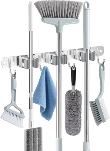 Vista 9 de Soporte de Pared para Escoba, Organizador de Escoba de Montaje en Pared de Acero Inoxidable y Colgador de Trapeador de Servicio Pesado, Organización