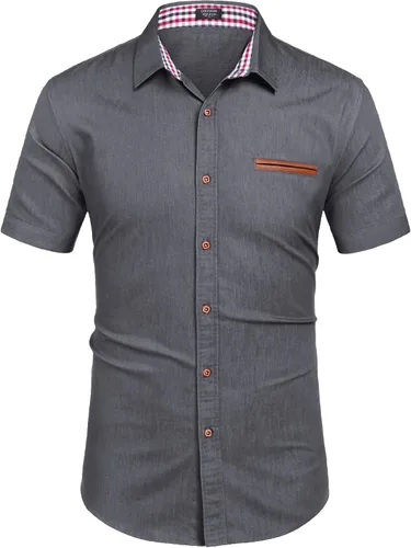 Vista 2 de COOFANDY Camisa casual de algodón de manga corta con botones y cuello a cuadros para hombre
