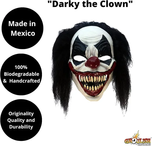 Vista 2 de Ghoulish Productions Darky the payaso, máscara negra de payaso espeluznante. Máscara de látex de payaso espeluznante con dientes puntiagudos.