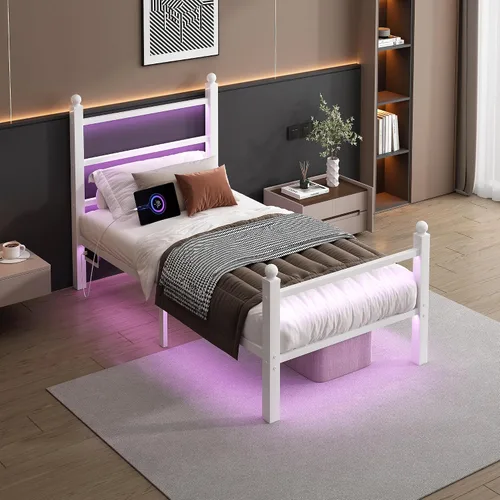 Vista 7 de CLIBFENG Base de cama individual con cabecera y estribo, listones de acero, base de cama LED con estación de carga USB, base de colchón