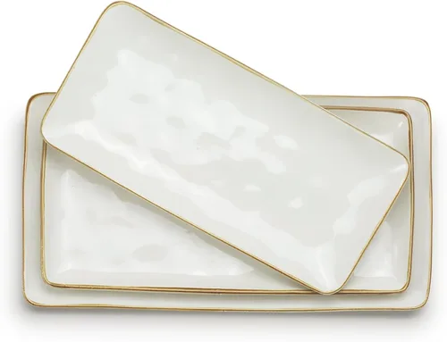 Vista 3 de famiware Juego de 3 platos rectangulares para servir y vajilla para 4 (12 unidades), color blanco vainilla