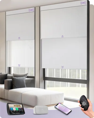 Vista 14 de Graywind Persianas dobles motorizadas para ventanas, persianas dobles inteligentes opacas y filtrantes de luz, persianas motorizadas con control