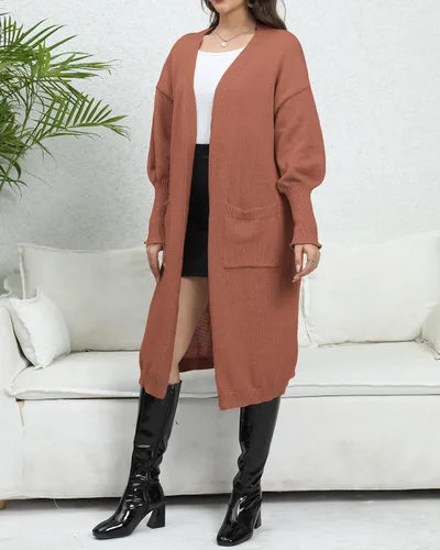 Vista 2 de BarbedRose Cárdigan de punto acanalado con frente abierto para mujer, ligero, de manga larga, acogedor, con bolsillos