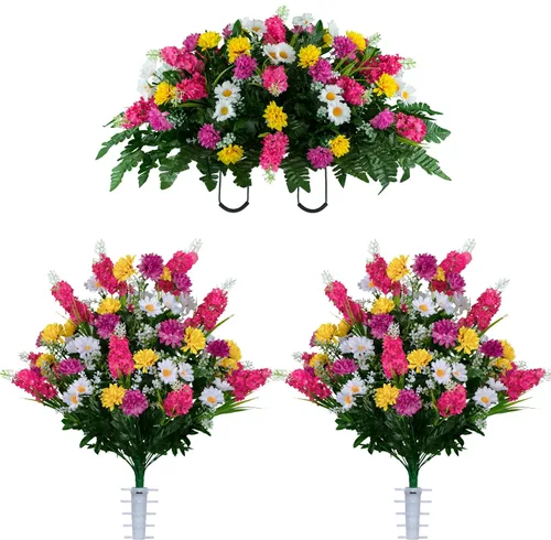 Vista 27 de Sympathy Silks Flores artificiales para cementerios – Decoraciones para tumbas - 1 ramo de flores silvestres de violeta púrpura y naranja, 1 montura