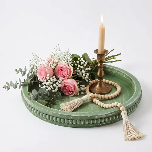 Vista 20 de Hrastany Bandeja de Servir Rústica de Madera con Cuentas, Bandeja Decorativa de Granja en Negro para Centro de Mesa, Decoración Navideña de Boda