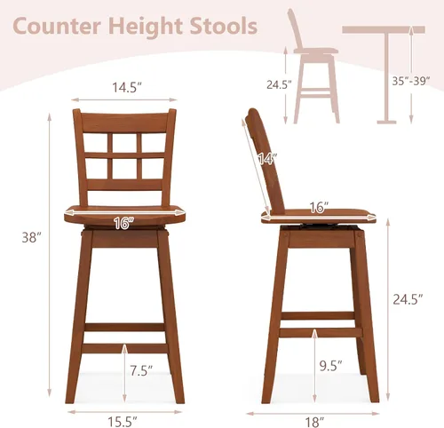 Vista 3 de Giantex Juego de 2 taburetes de bar de 24.5 pulgadas, taburetes de bar giratorios de granja con respaldo hueco de 6 rejillas y asiento ergonómico