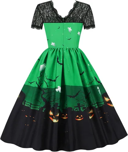 Vista 4 de Vestido de Halloween para mujer 2022 con cuello en V y manga corta con cremallera y panel de encaje