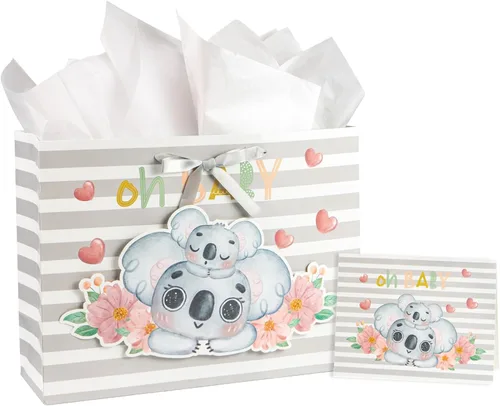 Vista 10 de Loveinside Bolsa de regalo para bebé niño con papel de seda y tarjeta de felicitación para baby shower, nuevos padres y más, diseño animal azul, 16
