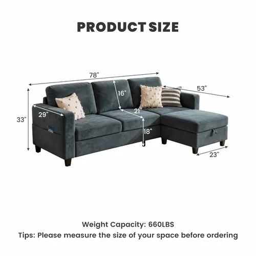 Vista 2 de Sofá modular de 78 pulgadas para sala de estar, sofá azul en forma de L con otomana de almacenamiento, asiento profundo, juego de sofá de tela