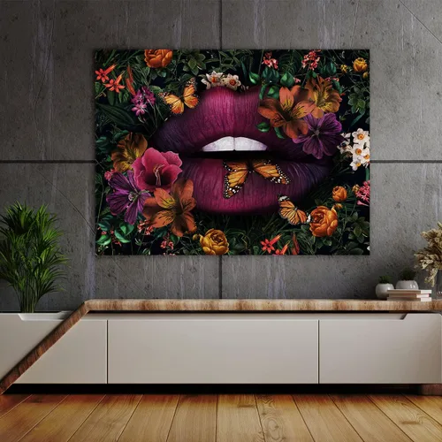 Vista 2 de Sense Canvas Lienzo decorativo de labios con flores botánicas, decoración del hogar, póster pequeño de 16 x 12 / 0.75 pulgadas Labios Flores