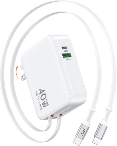 Vista 11 de Cargador USB C retráctil de pared con cables tipo C, carga rápida de 65 W, multipuerto de ladrillo esencial de viaje para Mac Book Pro/Air, iPhone