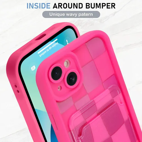 Vista 4 de KANGHAR Compatible con iPhone 13 Funda, Cartera de Silicona a Cuadros con Bonito Patrón, Tarjetero y Protección de Cámara, Suave, Delgada, a Prueba