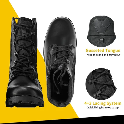 Vista 5 de Botas militares de WIDEWAY para hombres, botas de combate de jungla tácticas de cuero resistente al deslizamiento, negras, para hombres, todo