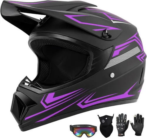 Vista 16 de Juego de 4 cascos de motocross para niños y jóvenes (guantes con gafas), casco de motocicleta de cara completa aprobado por DOT, ATV, BMX, bicicleta