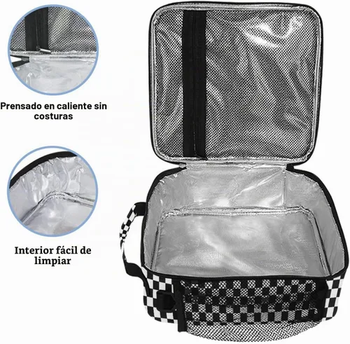 Vista 3 de Lonchera con patrón de cuadros blancos y negros, bolsa de almuerzo aislada, bolsa de preparación para niños, correa de hombro congelable a001