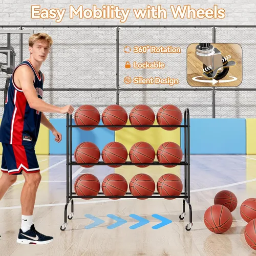 Vista 4 de Basketball Rack, Rolling Sport Equipment Holder Ball Storage Cart for Basketball, Football and Soccer, Suitable for Indoor and Outdoor, Black