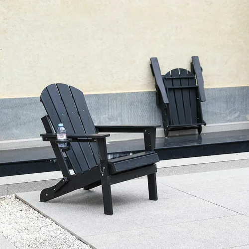 Vista 4 de Silla Adirondack plegable con soporte para tazas, silla de exterior de HDPE resistente a la intemperie, silla de césped de grano de madera para Negro