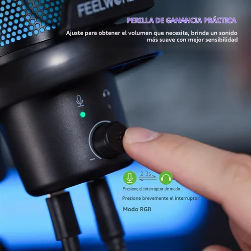 Vista 3 de FEELWORLD VM1 Micrófono USB para PC de juegos Micrófono condensador con cancelación de ruido Silencio Luz RGB, accesorios de computadora Regalos