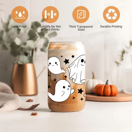 Vista 4 de Coolife Taza fantasma de Halloween, vaso de vidrio de 16 onzas con tapas y pajitas, taza de café helado espeluznante para batidos, bonitos regalos