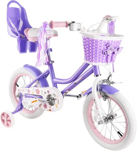 Vista 8 de RULLY 12 14 16 Inch Girls Bike for 2-7 Year Olds, Daisy Kids Bicycle with Training Wheels, Basket & Doll Seat, Retro Toddler Bike with Coaster