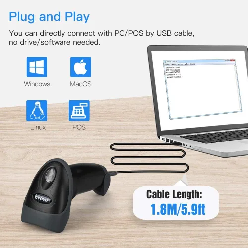 Vista 3 de Eyoyo EYH2 - Escáner de código de barras USB 2D portátil, escáner automático de código QR con cable PDF417, lector de código de barras de matriz