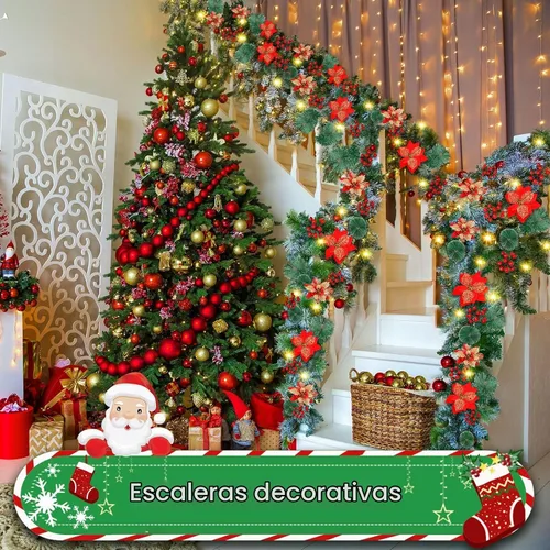 Vista 4 de Guirnalda de Navidad, guirnalda de Navidad con luces, decoración de Navidad, flores artificiales de ratán de 9 pies, decoración de Navidad