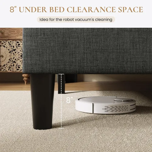 Vista 6 de SHA CERLIN Base de cama tamaño Queen con cabecera geométrica con respaldo de ala, plataforma tapizada con soporte de listones de madera, espacio Gris