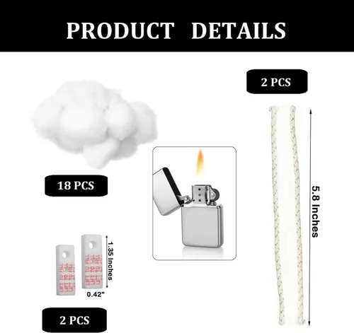 Vista 2 de Paquete de 2 piezas de repuesto de mecha y algodón, compatible con accesorios Zippo, kit de reparación universal de repuesto para encendedor