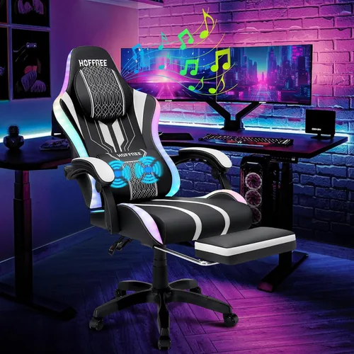 Vista 15 de HOFFREE Silla LED para juegos con altavoces, silla de computadora grande y alta con luces RGB, silla de juego Bluetooth con reposapiés, sillas