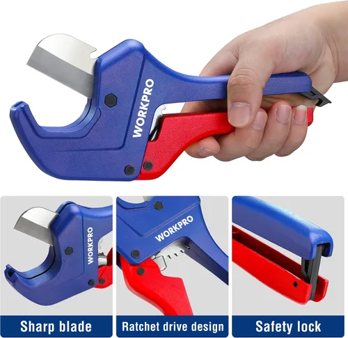Vista 8 de WORKPRO Cortador de tubos de PVC con trinquete, hasta 1-5/8 pulgadas, cortador de tubos y tubos de plástico para mangueras de PEX, PVC, PPR