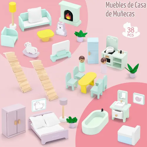 Vista 6 de Pillowhale - Casa de muñecas de madera, moderna casa de muñecas con accesorios para muebles Rosa