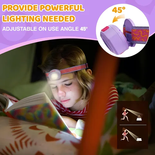 Vista 4 de EverBrite Linterna frontal LED recargable para niños con modo RGB y diadema ajustable, 3 modos multicolor para acampar, leer, explorar, Halloween
