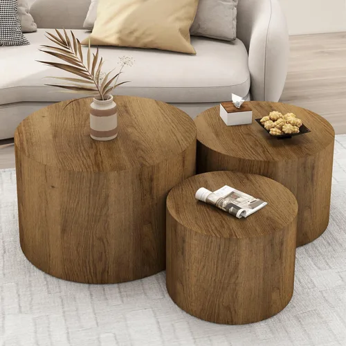Vista 2 de Vikiullf Juego de 3 mesas de centro anidadas, mesas redondas de madera, mesa circular moderna para sala de estar, dormitorio, mesa auxiliar