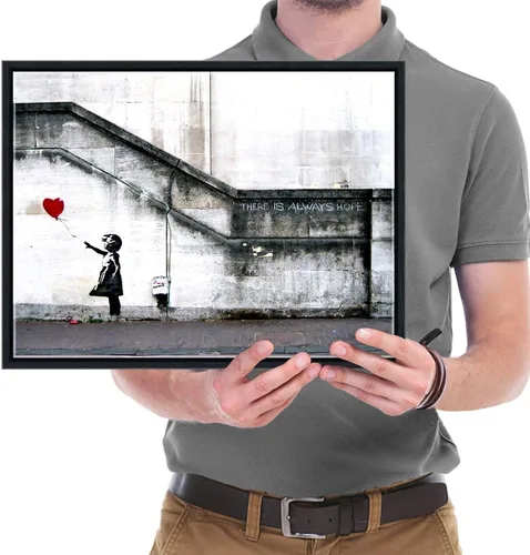 Vista 7 de Wieco Art Lienzo enmarcado para pared, impresiones en lienzo Giclée de Banksy Grafitti Girl con globo rojo, ilustraciones abstractas para decoración