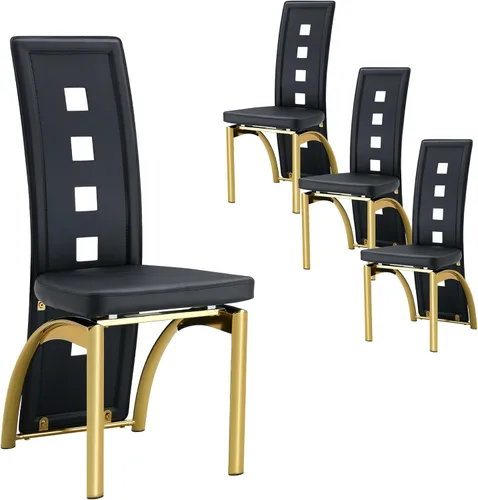 Vista 16 de Juego de 2 sillas de comedor modernas, juego de 2 sillas de comedor negras, sillas de cocina tapizadas de piel sintética con patas de metal dorado