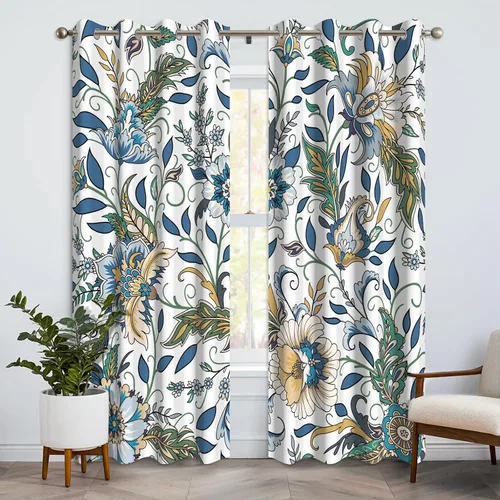 Vista 9 de Cortinas opacas bohemias para dormitorio, cortinas modernas de mediados de siglo color azul, cortinas térmicas con ojales para oscurecer