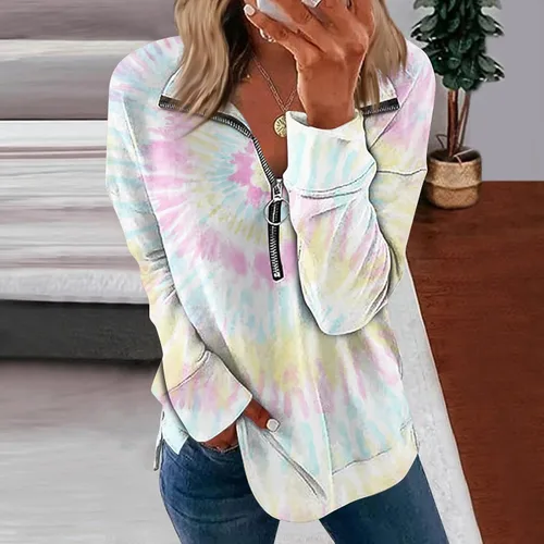 Vista 4 de Kenvina Sudadera con cremallera de 14 para mujer, ajuste holgado, moderna, atlética, estampada, casual, manga larga, blusa