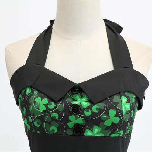 Vista 6 de Vestido vintage de los años 1950 para mujer, vestido retro de cóctel, vestido con vuelo y cintura elástica con estampado de trébol de cuatro hojas