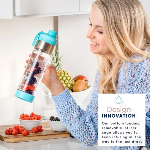 Vista 3 de Infusion Pro Botella de agua con infusor de frutas de 24 onzas con tapa giratoria: funda aislada y agua infundida libro electrónico de recetas