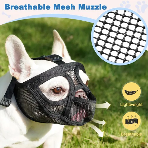 Vista 7 de BARKLESS Bozal de bulldog francés, bozal corto de malla para perro con diseño de lengua hacia fuera para perro de cara plana Shih Tzu Bulldog Negro