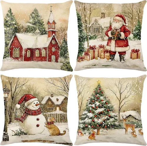 Vista 9 de Juego de 4 fundas de almohada rojas de 18 x 18 pulgadas, diseño de Papá Noel, muñeco de nieve, Feliz Navidad, para sofá, decoración de vacaciones
