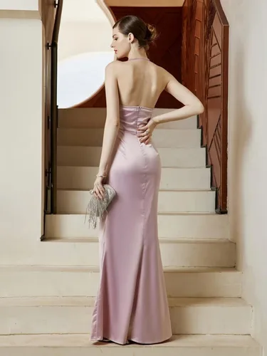Vista 2 de Vestidos de dama de honor de sirena halter vestidos simples de satén para baile de graduación, tirantes delgados, vestido formal con cuello vuelto