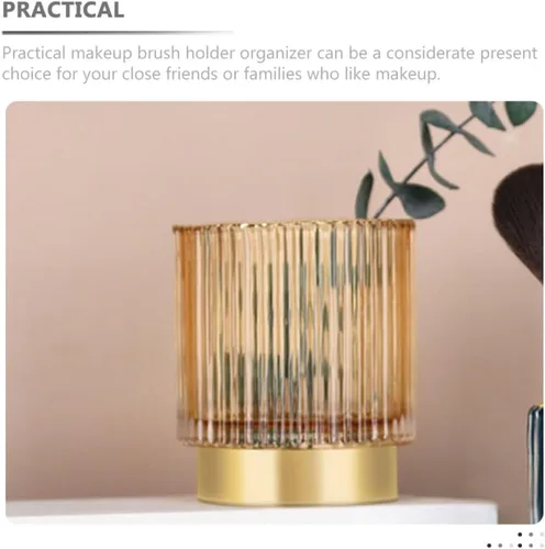 Vista 3 de Thickened Amber Glass Makeup Brush Holder Large Pen and Cosmetic Organizer for Vanity Desktop Storage