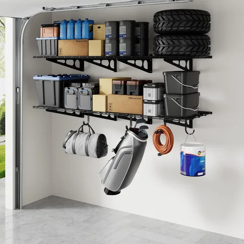 Vista 10 de FLEXIMOUNTS Paquete de 2 Estante de Pared de Garaje de 1x4 pies 12 pulgadas por 48 pulgadas Rack de Almacenamiento de Garaje Estantes Flotantes Negro