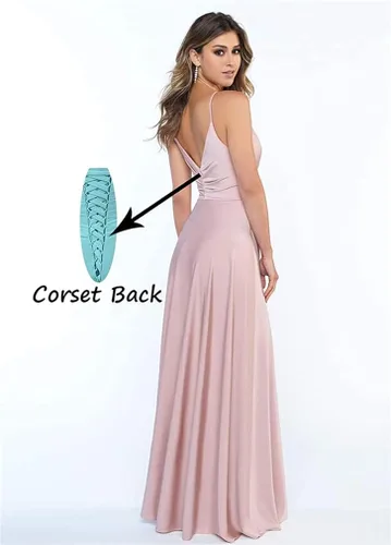 Vista 2 de YOYOHCK Vestido de baile de graduación para mujer con cuello en V elástico con tirantes delgados con abertura vestido formal