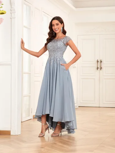 Vista 2 de Vestidos de novia para mujer, de gasa, con encaje, formal, para madre y novio, con bolsillos