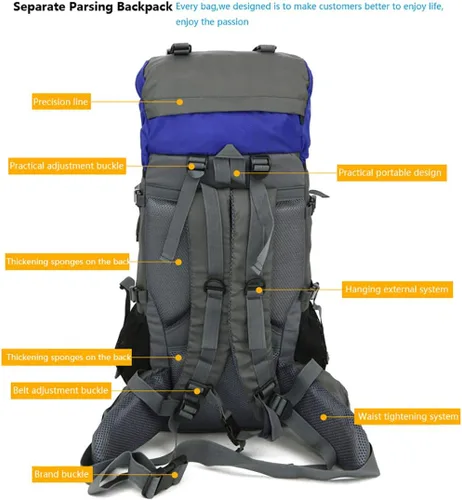 Vista 8 de Bseash Mochila impermeable de 60L con marco interno para senderismo, camping, con cubierta para lluvia, mochila grande para viajes al aire libre