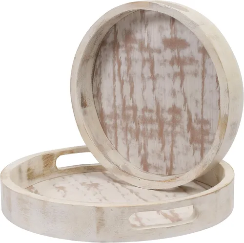 Vista 7 de Bandeja decorativa para mesa de café, juego de 2 bandejas redondas de madera para sala de estar, otomana de madera o mesa auxiliar, bandeja