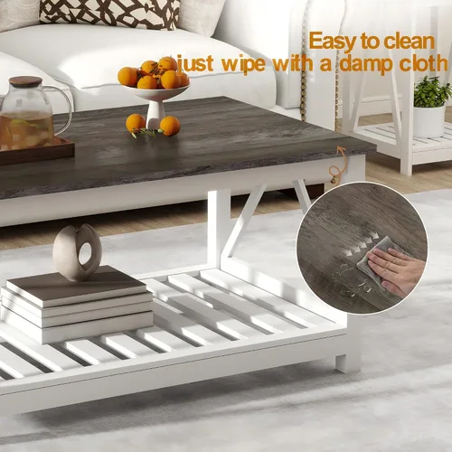 Vista 5 de Mesa de café de granja, mesa de café de roble blanco para sala de estar, mesa de centro rectangular de madera de 2 niveles con estante de listones